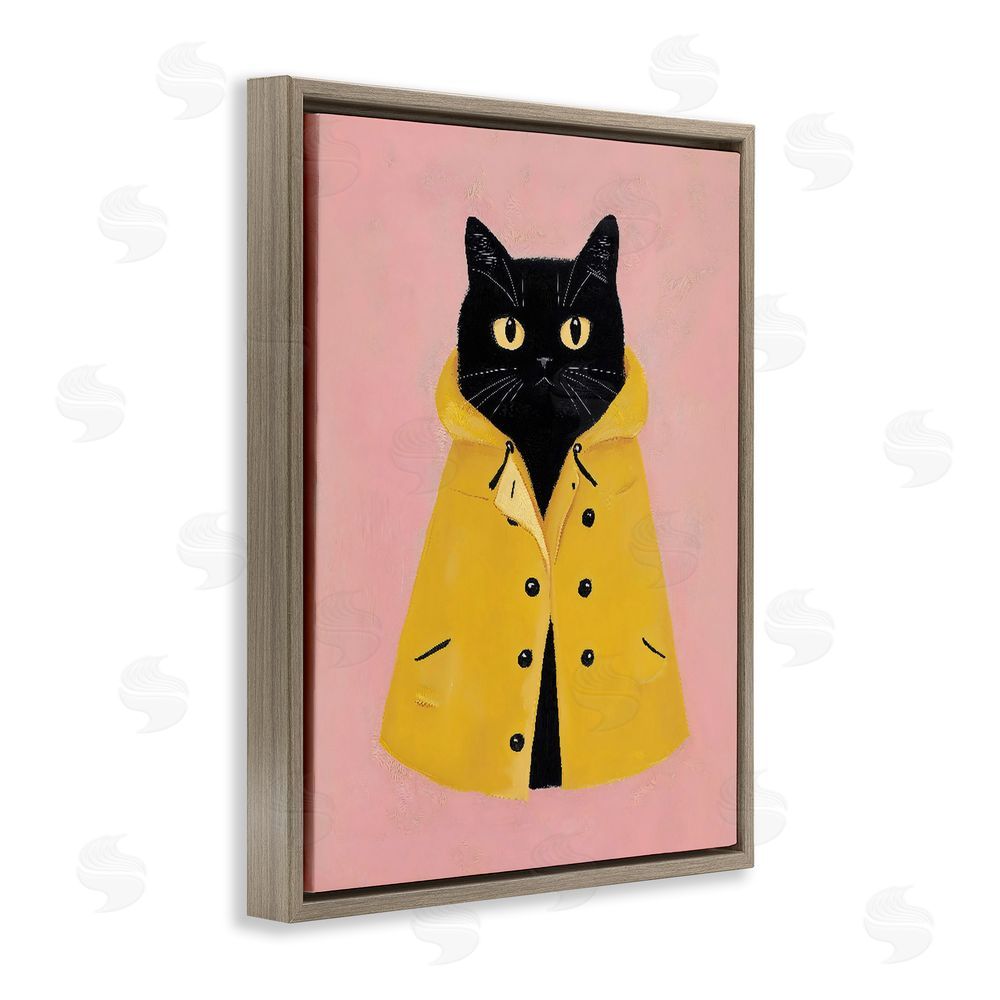 The Prints Vibe Black Cat in Yellow Raincoat Brown Floating Frame Stretched Canvas Wall Art Print