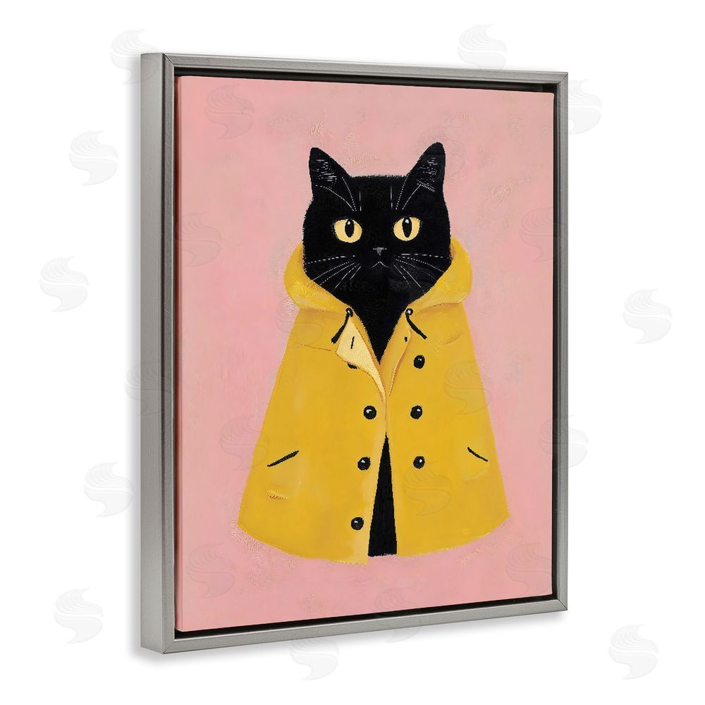 The Prints Vibe Black Cat in Yellow Raincoat Gray Floating Frame Stretched Canvas Wall Art Print