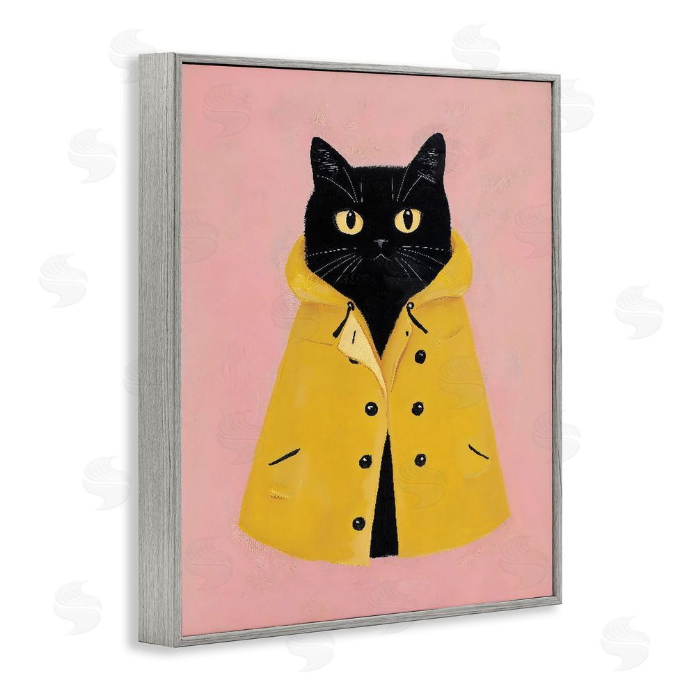 The Prints Vibe Black Cat in Yellow Raincoat Gray Framed Giclee Wall Art Print