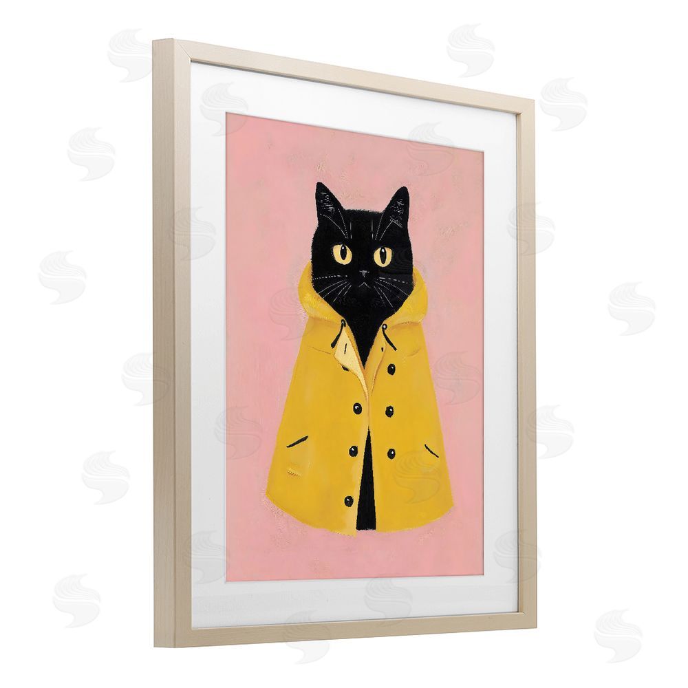 The Prints Vibe Black Cat in Yellow Raincoat Brown Framed Print Under Glass with Matting Wall Art