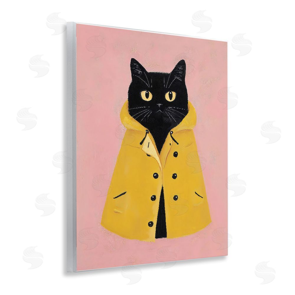 The Prints Vibe Black Cat in Yellow Raincoat Wall Plaque Art Print with White Foil Wrap