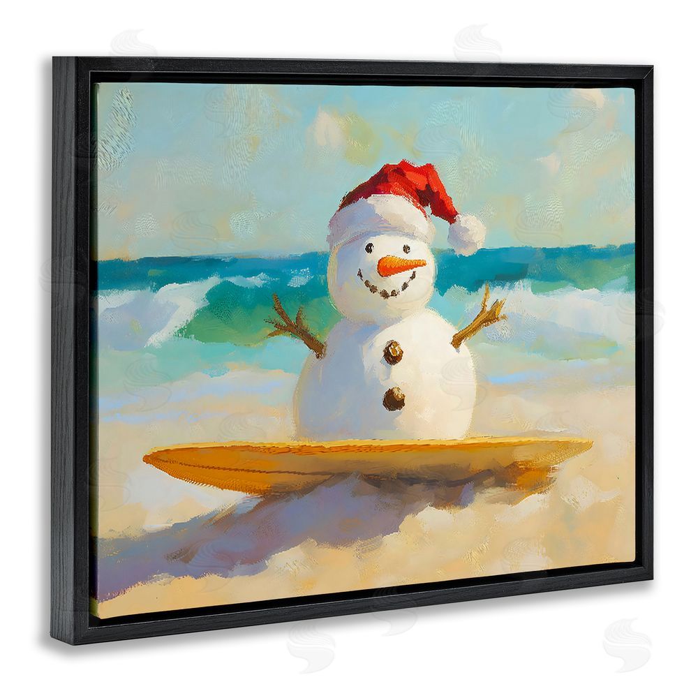 The Prints Vibe Surfer Snowman on Beach Black Floating Framed Canvas Wall Art Print