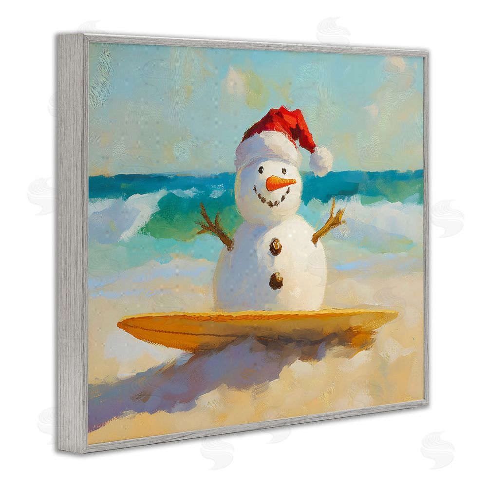 The Prints Vibe Surfer Snowman on Beach Gray Framed Giclee Wall Art Print