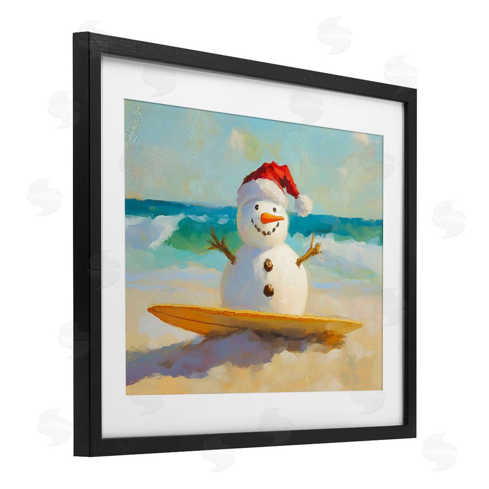The Prints Vibe Surfer Snowman on Beach Black Framed Print Under Glass with White Mat Wall Art
