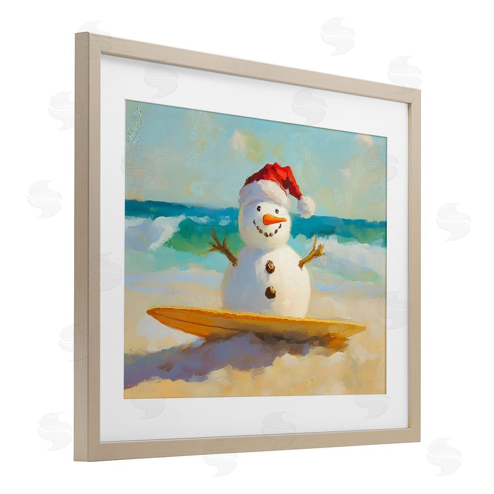 The Prints Vibe Surfer Snowman on Beach Brown Framed Print Under Glass with White Mat Wall Art