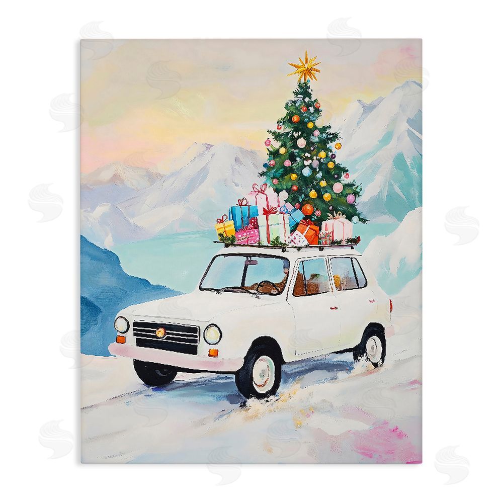 The Prints Vibe Christmas Van Trek Through Snow Stretched Canvas Wall Art Print