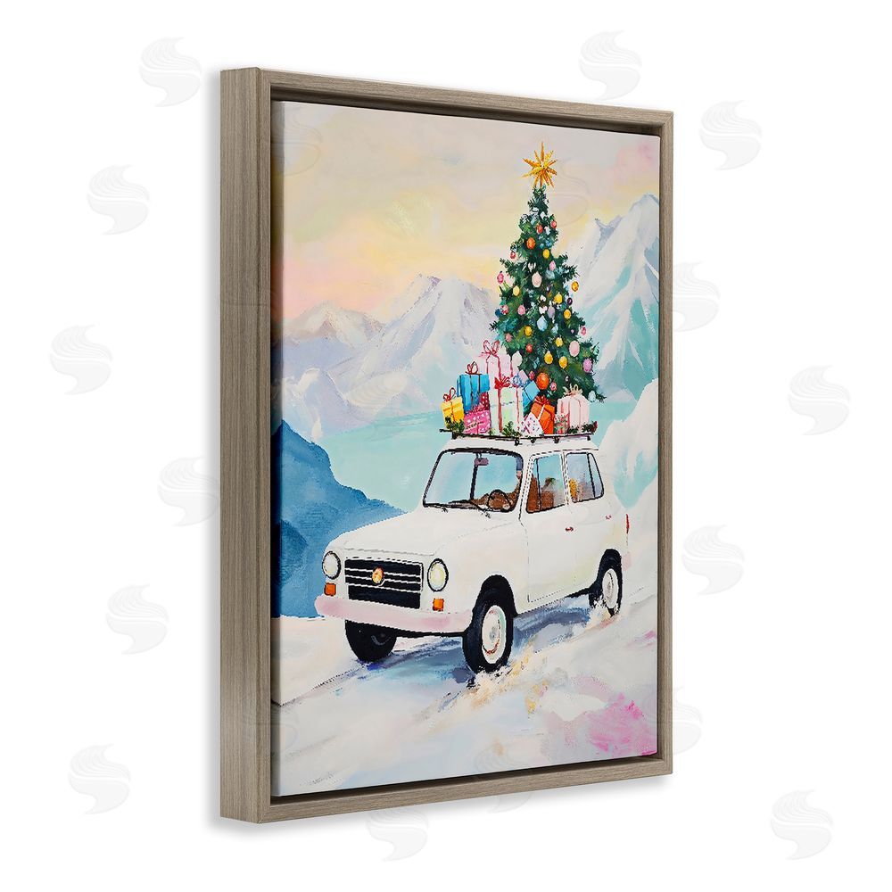The Prints Vibe Christmas Van Trek Through Snow Brown Floating Frame Canvas Wall Art Print