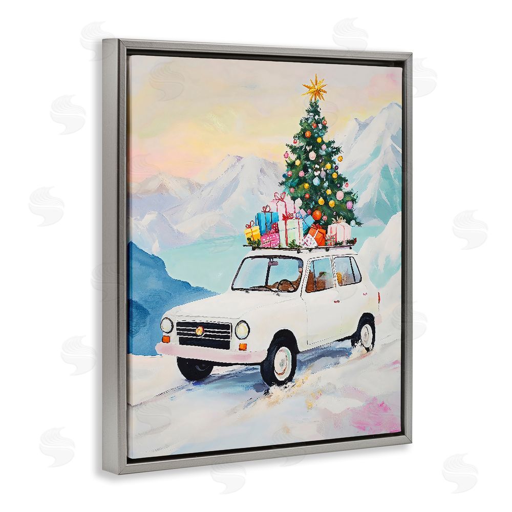 The Prints Vibe Christmas Van Trek Through Snow Gray Floating Frame Canvas Wall Art Print