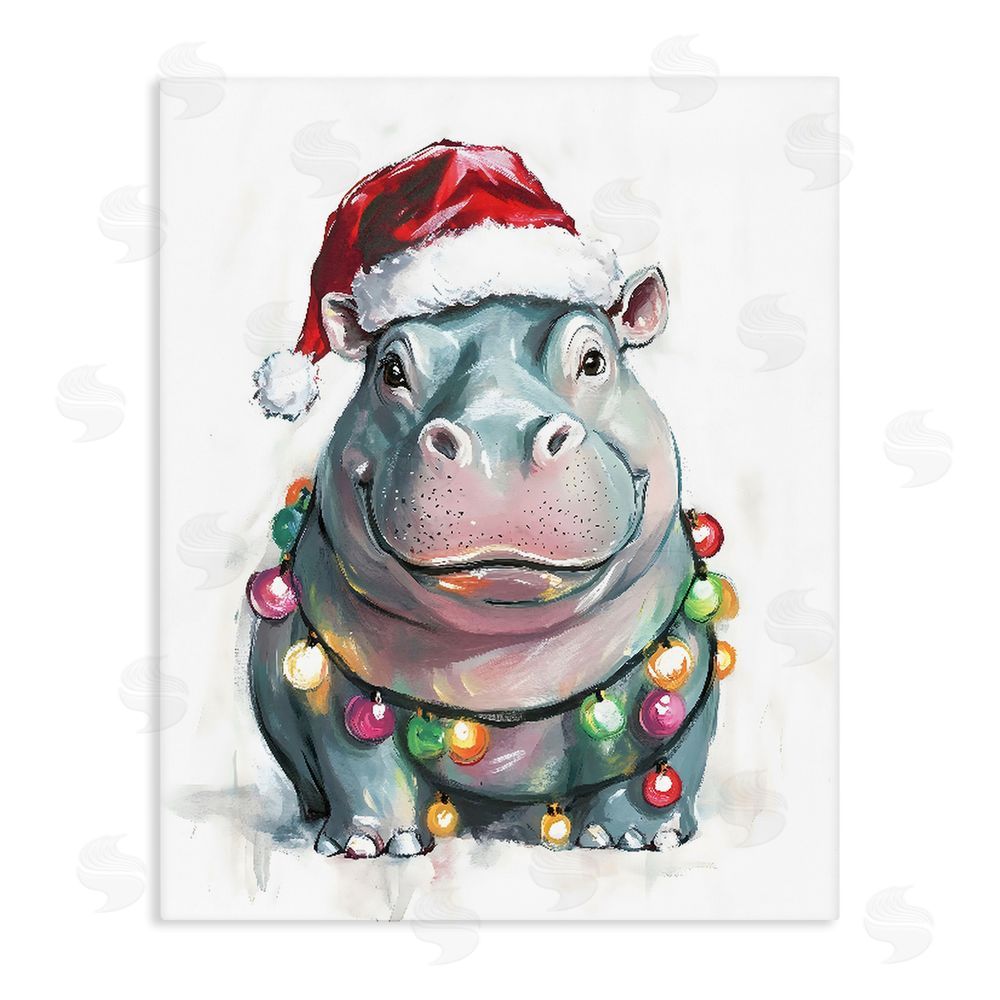 The Prints Vibe Christmas Lights Bedecked Hippo Stretched Canvas Wall Art Print