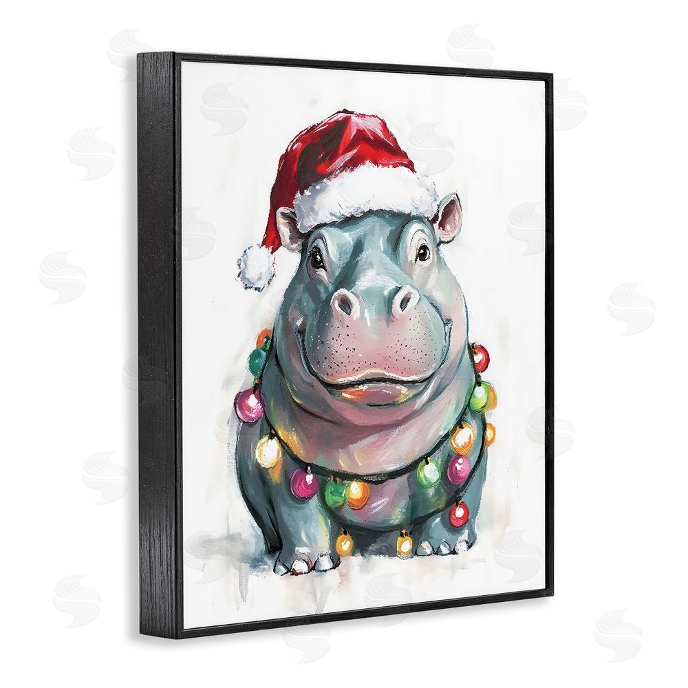 The Prints Vibe Christmas Lights Bedecked Hippo Black Framed Giclee Wall Art Print