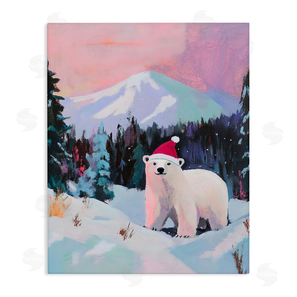 The Prints Vibe Christmas Polar Bear with Hat Stretched Canvas Wall Art Print