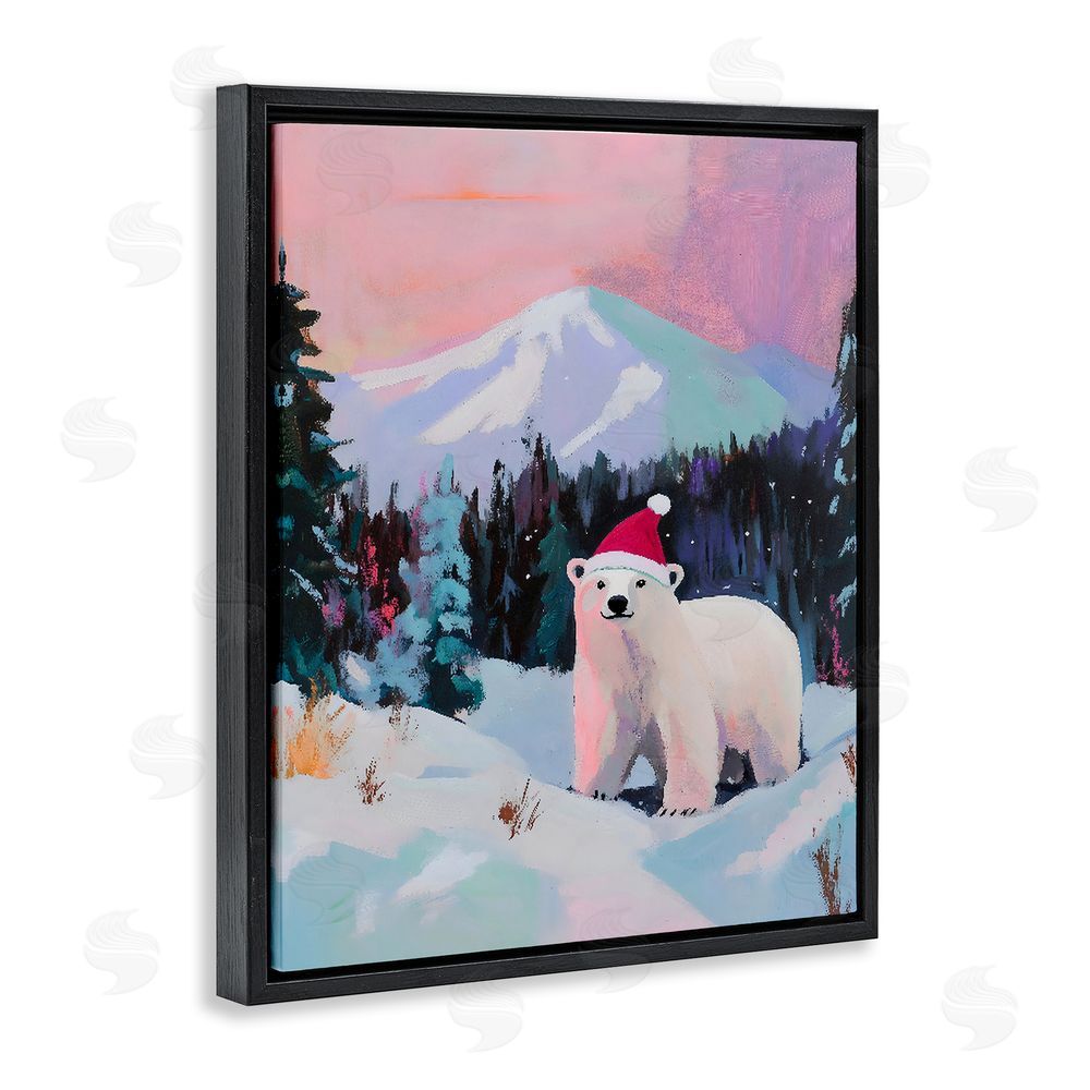 The Prints Vibe Christmas Polar Bear with Hat Black Floating Frame Canvas Wall Art Print