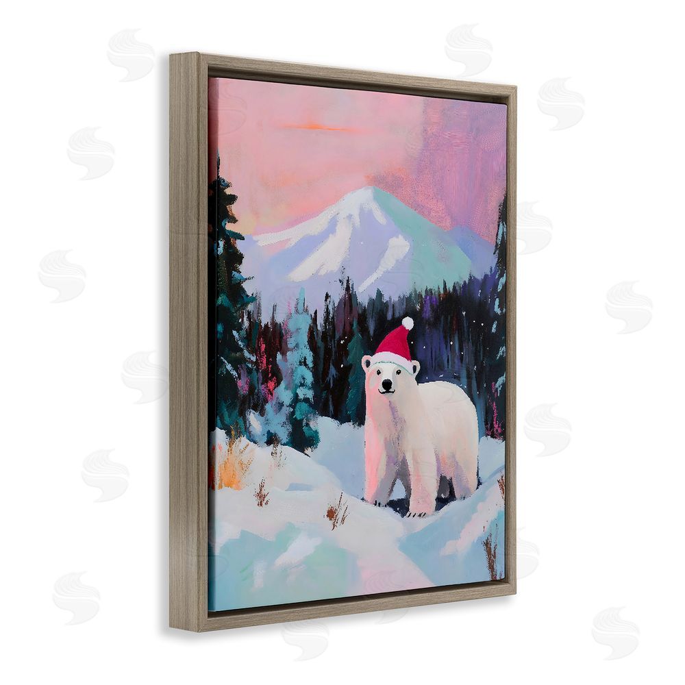 The Prints Vibe Christmas Polar Bear with Hat Brown Floating Frame Canvas Wall Art Print