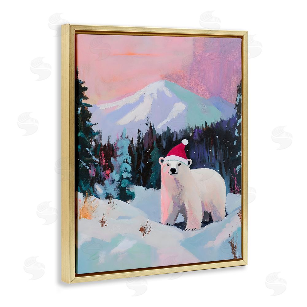 The Prints Vibe Christmas Polar Bear with Hat Gold Floating Frame Canvas Wall Art Print