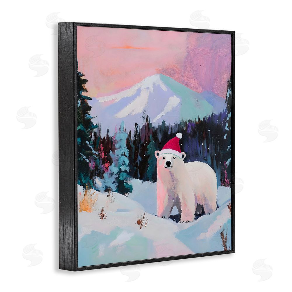 The Prints Vibe Christmas Polar Bear with Hat Black Framed Giclee Wall Art Print