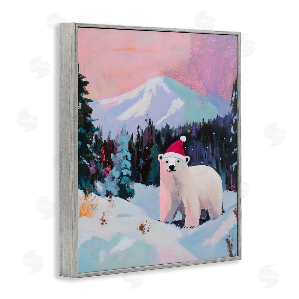 The Prints Vibe Christmas Polar Bear with Hat Gray Framed Giclee Wall Art Print