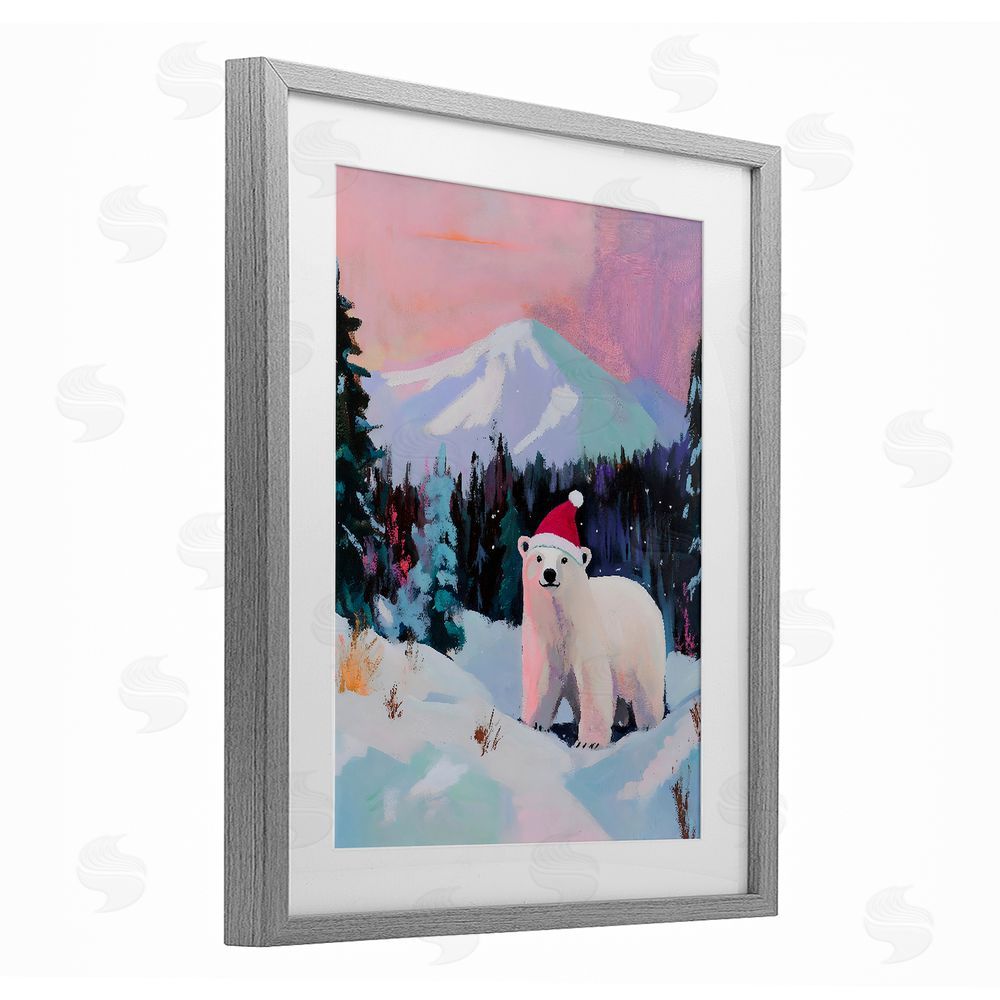 The Prints Vibe Christmas Polar Bear with Hat Gray Framed Print Under Glass Wall Art