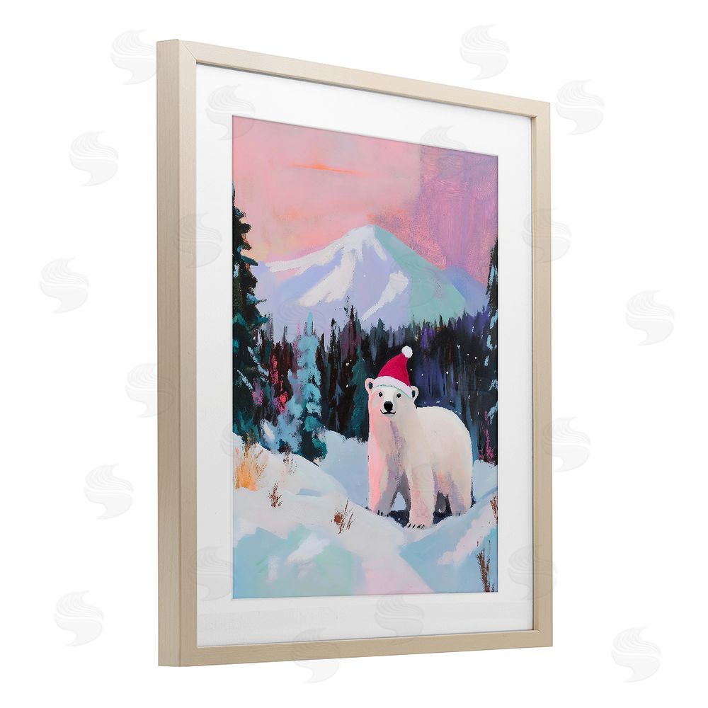 The Prints Vibe Christmas Polar Bear with Hat Brown Framed Print Under Glass Wall Art