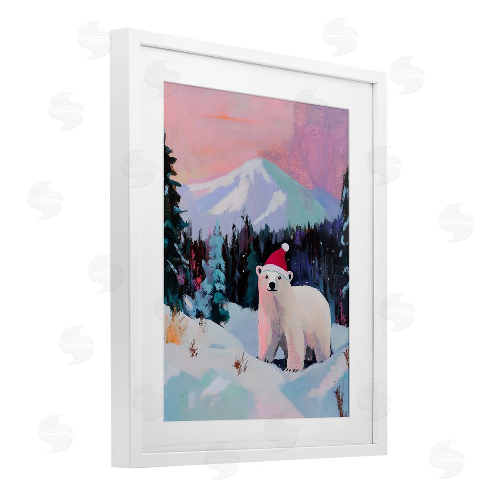 The Prints Vibe Christmas Polar Bear with Hat White Framed Print Under Glass Wall Art