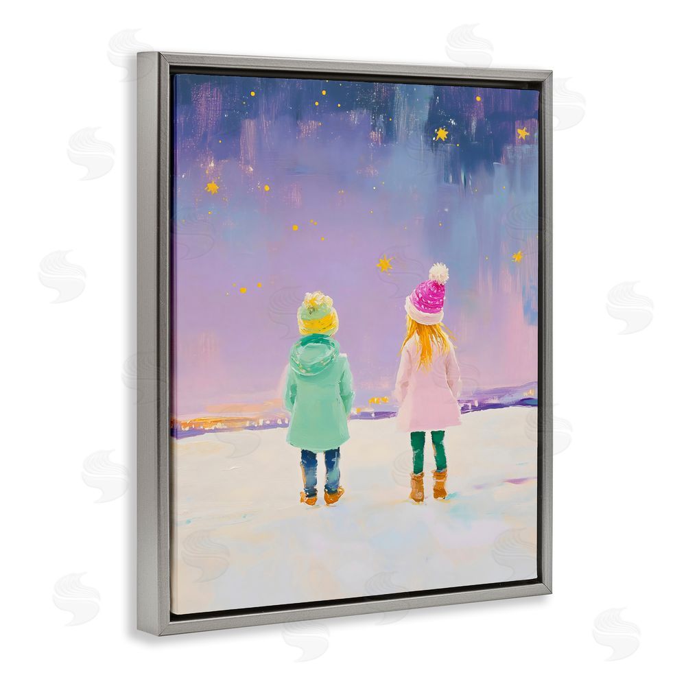 The Prints Vibe Children Watching Starry Winter Sky Gray Floating Frame Canvas Wall Art Print