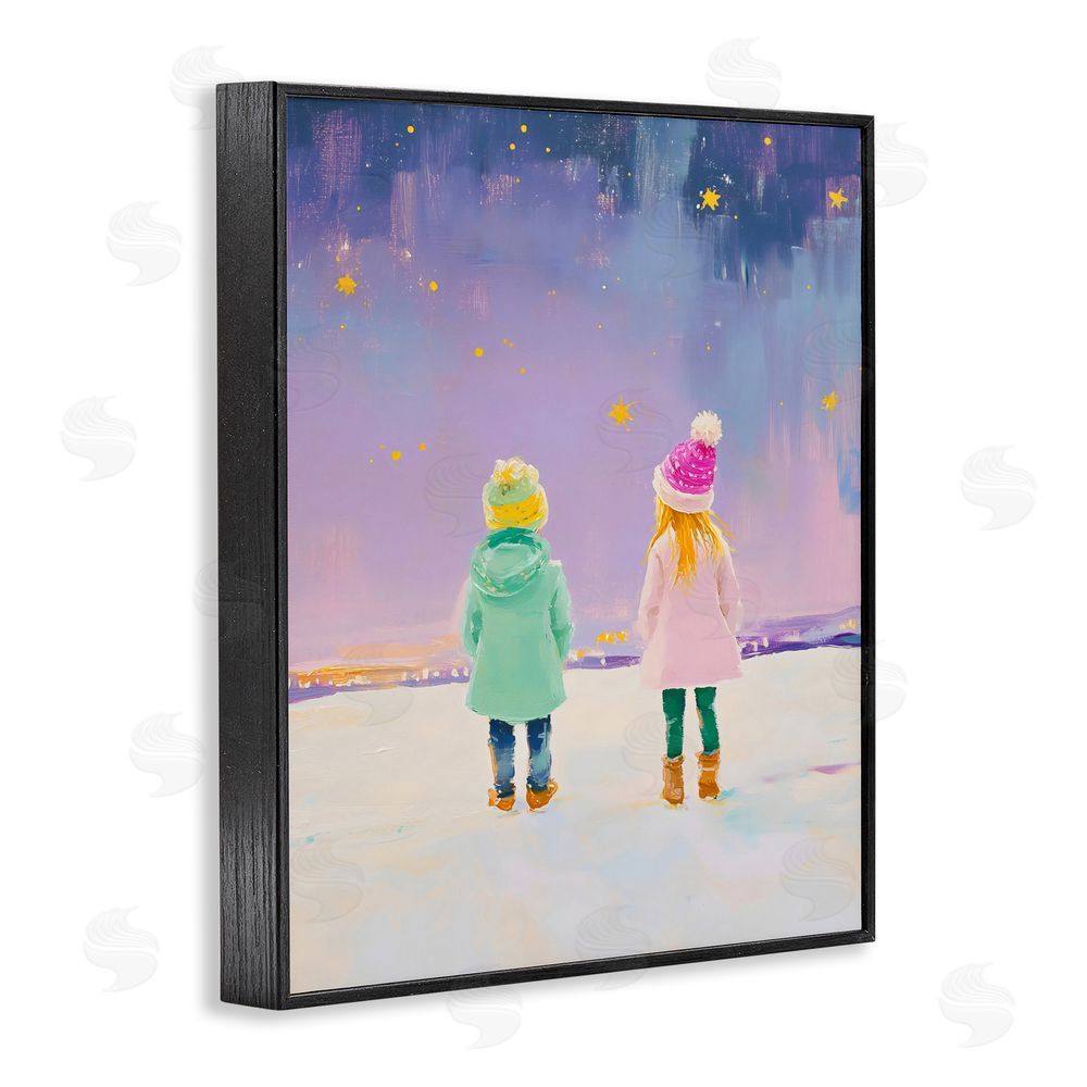 The Prints Vibe Children Watching Starry Winter Sky Black Framed Giclee Wall Art Print