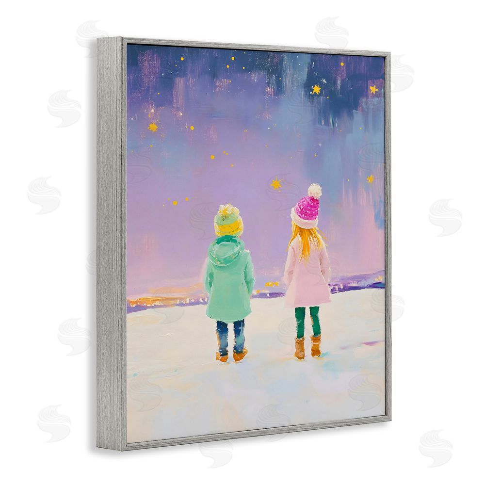 The Prints Vibe Children Watching Starry Winter Sky Gray Framed Giclee Wall Art Print