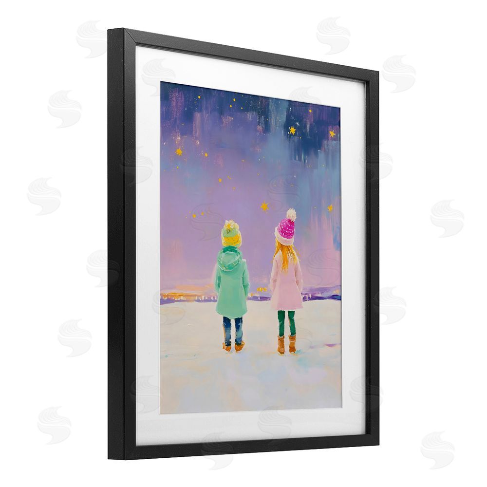 The Prints Vibe Children Watching Starry Winter Sky Black Framed Print Under Glass Wall Art