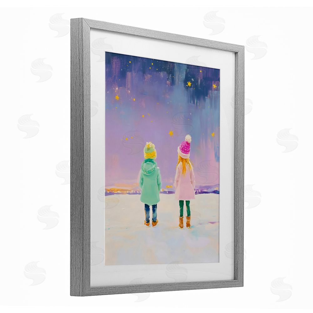 The Prints Vibe Children Watching Starry Winter Sky Gray Framed Print Under Glass Wall Art
