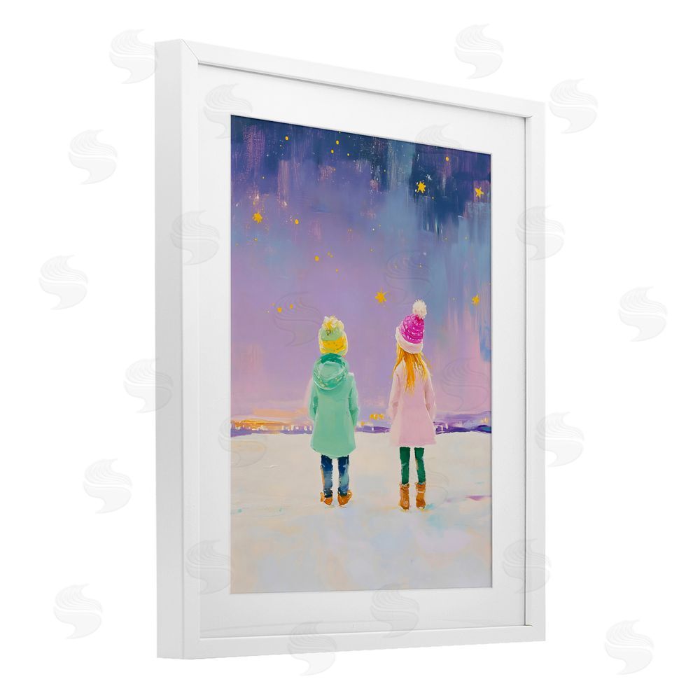 The Prints Vibe Children Watching Starry Winter Sky White Framed Print Under Glass Wall Art