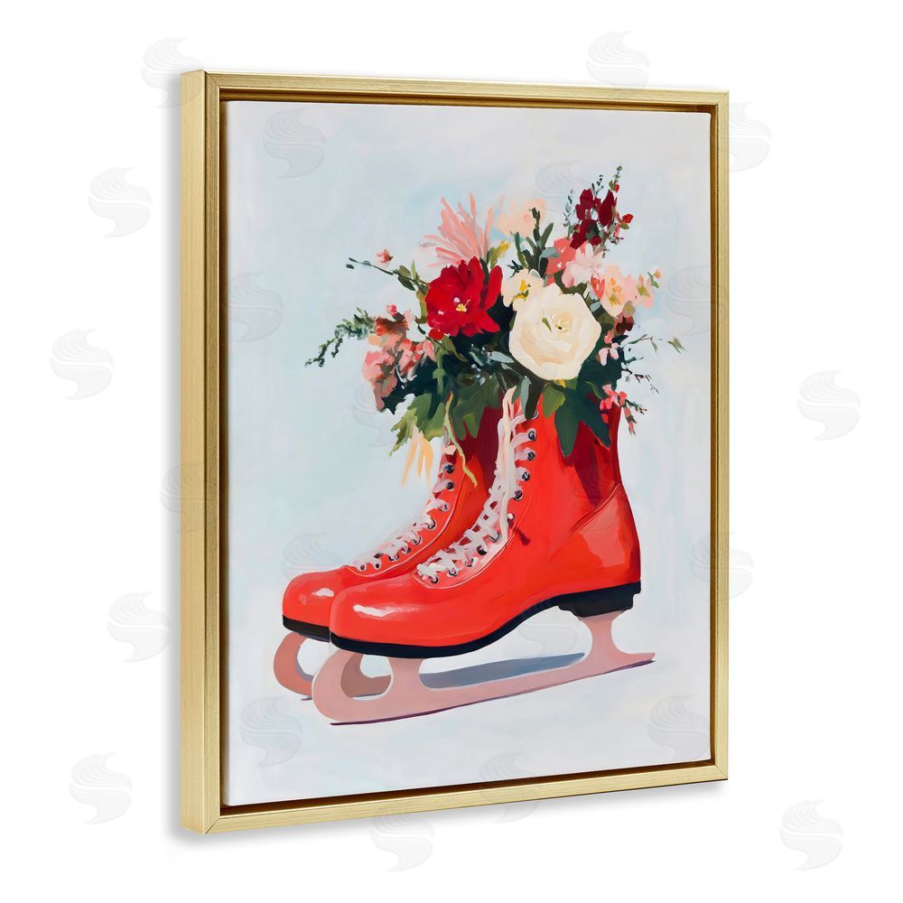 The Prints Vibe Floral Ice Skates Gold Floating Framed Canvas Wall Art