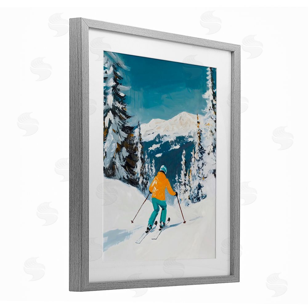 The Prints Vibe Downhill Skier on Mountain Gray Framed Print Under Glass Wall Art
