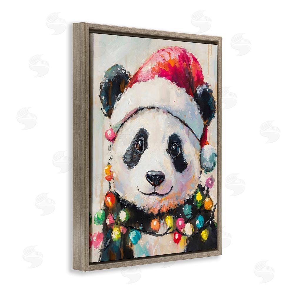 The Prints Vibe Christmas Lights Panda Brown Floating Frame Canvas Wall Art Print