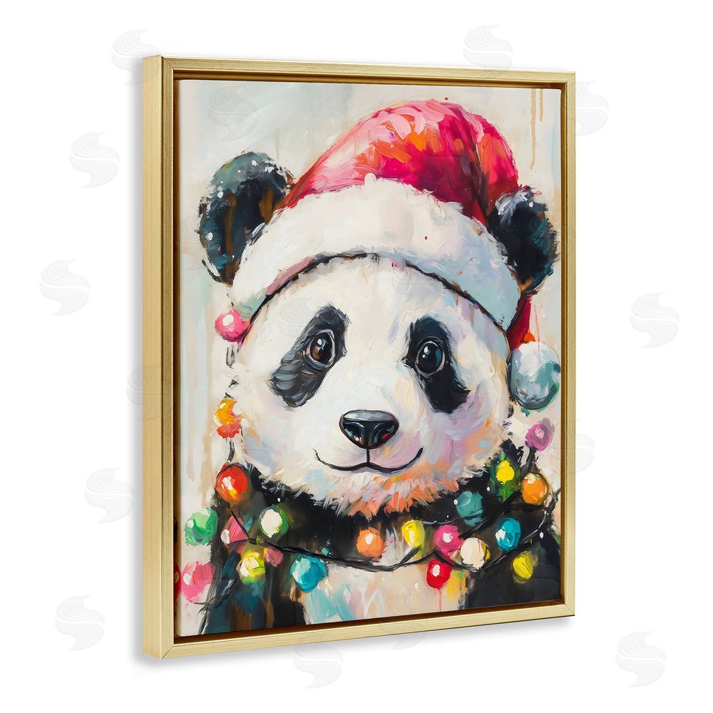 The Prints Vibe Christmas Lights Panda Gold Floating Frame Canvas Wall Art Print