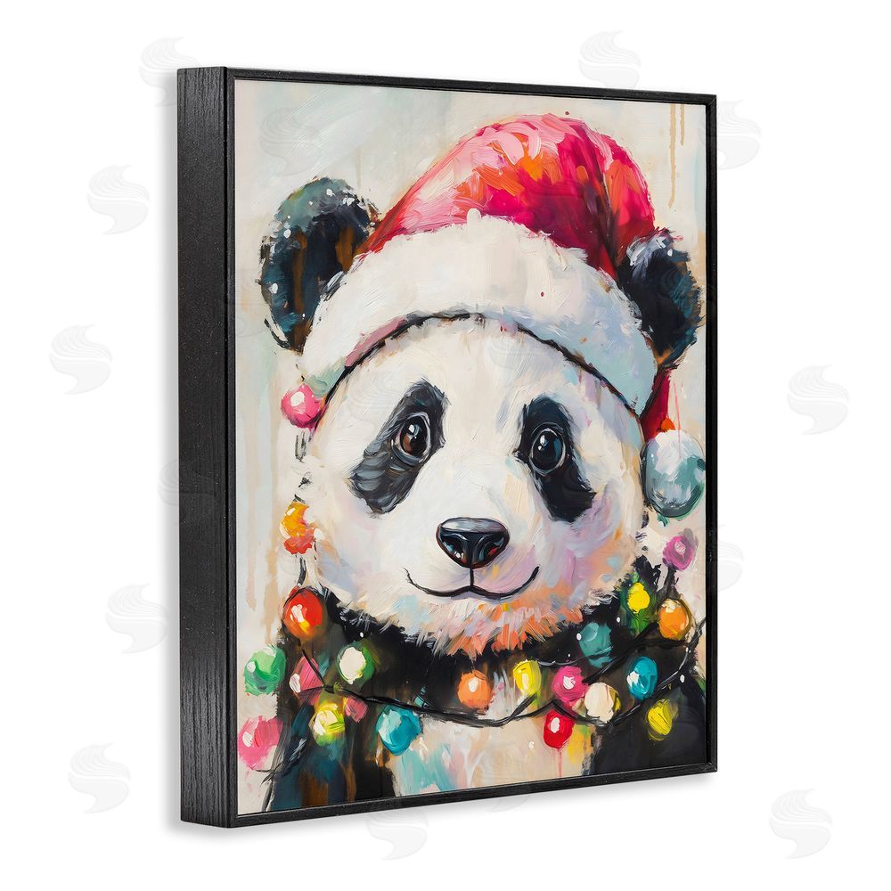 The Prints Vibe Christmas Lights Panda Black Framed Giclee Wall Art Print