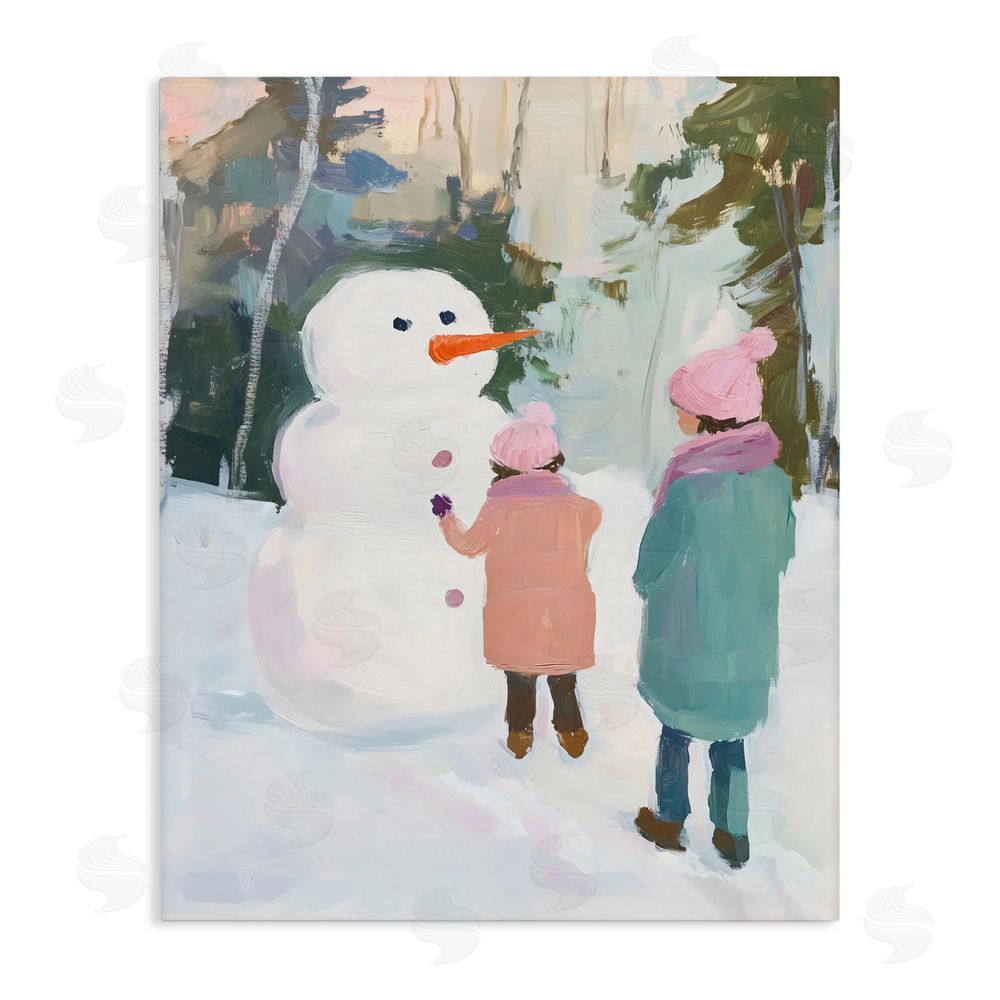 The Prints Vibe Two Girls With Snowman Stretched Canvas Wall Art Print