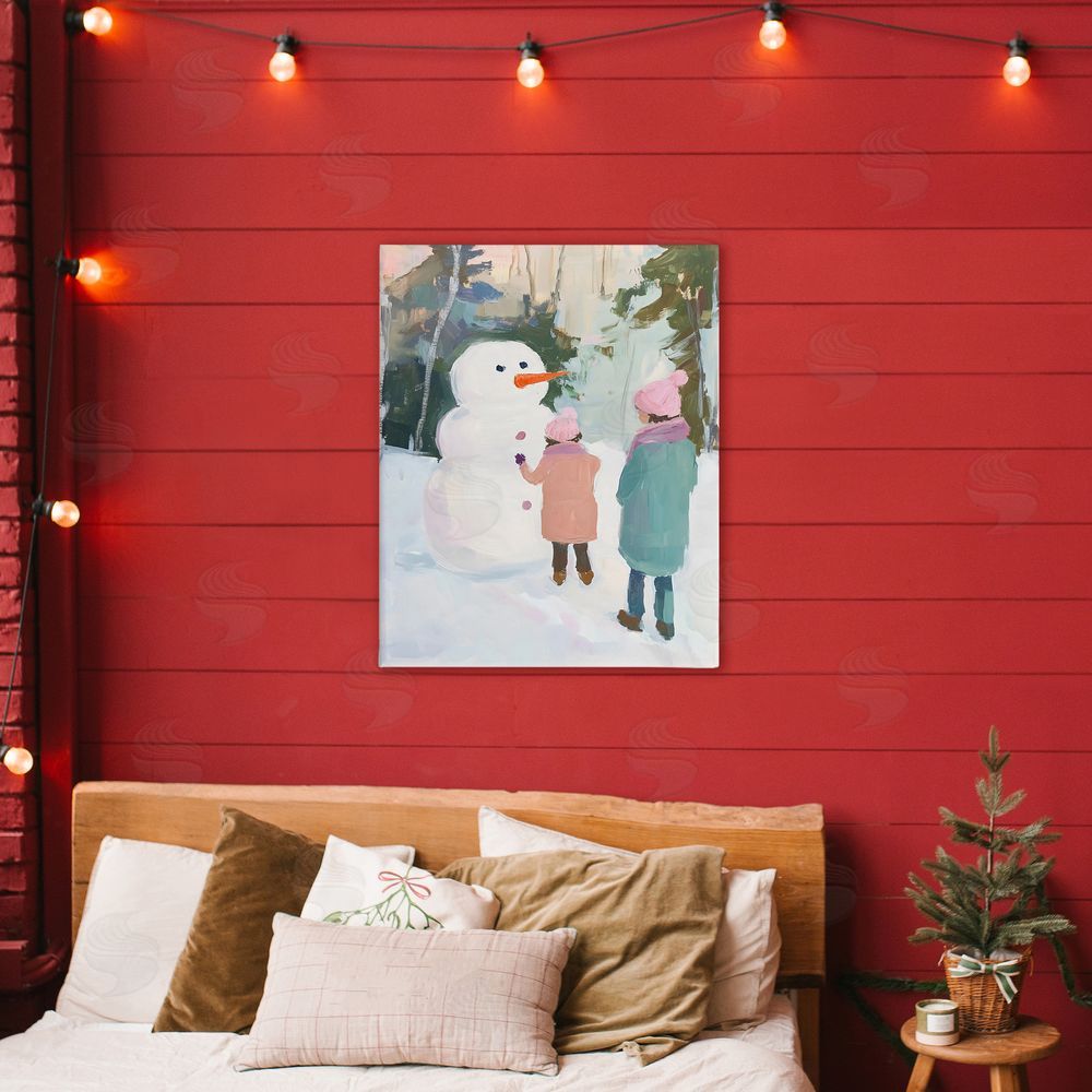 The Prints Vibe Two Girls With Snowman Stretched Canvas on Wall