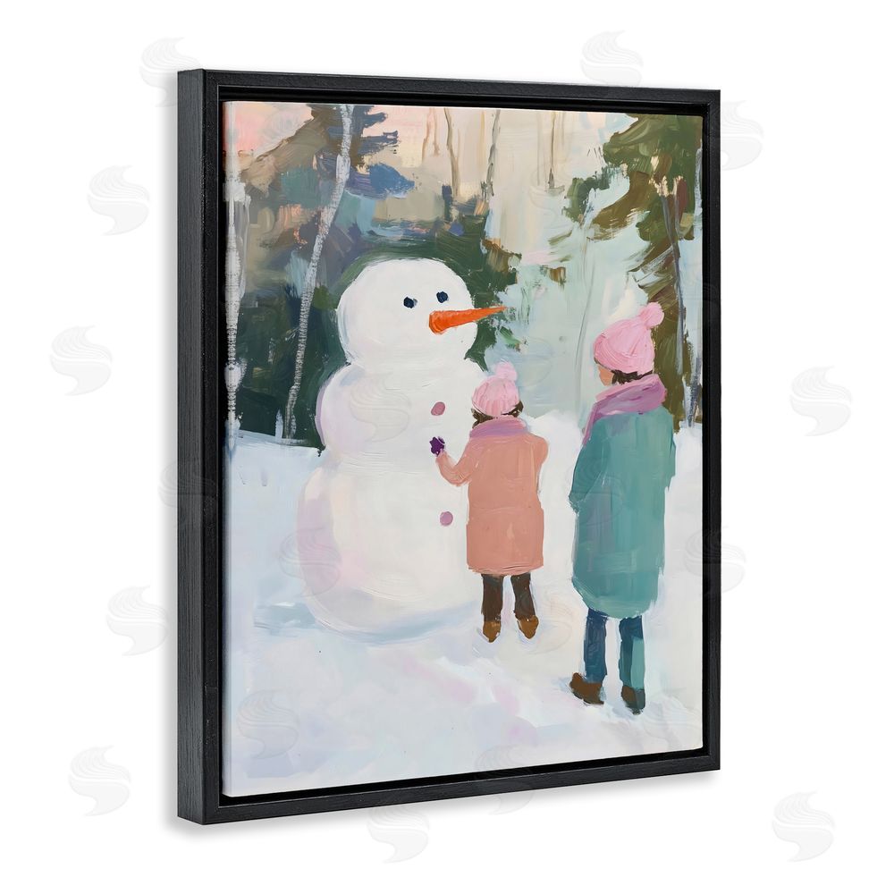 The Prints Vibe Two Girls With Snowman Black Floating Framed Canvas Wall Art Print