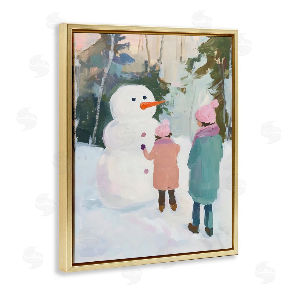 The Prints Vibe Two Girls With Snowman Gold Floating Framed Canvas Wall Art Print