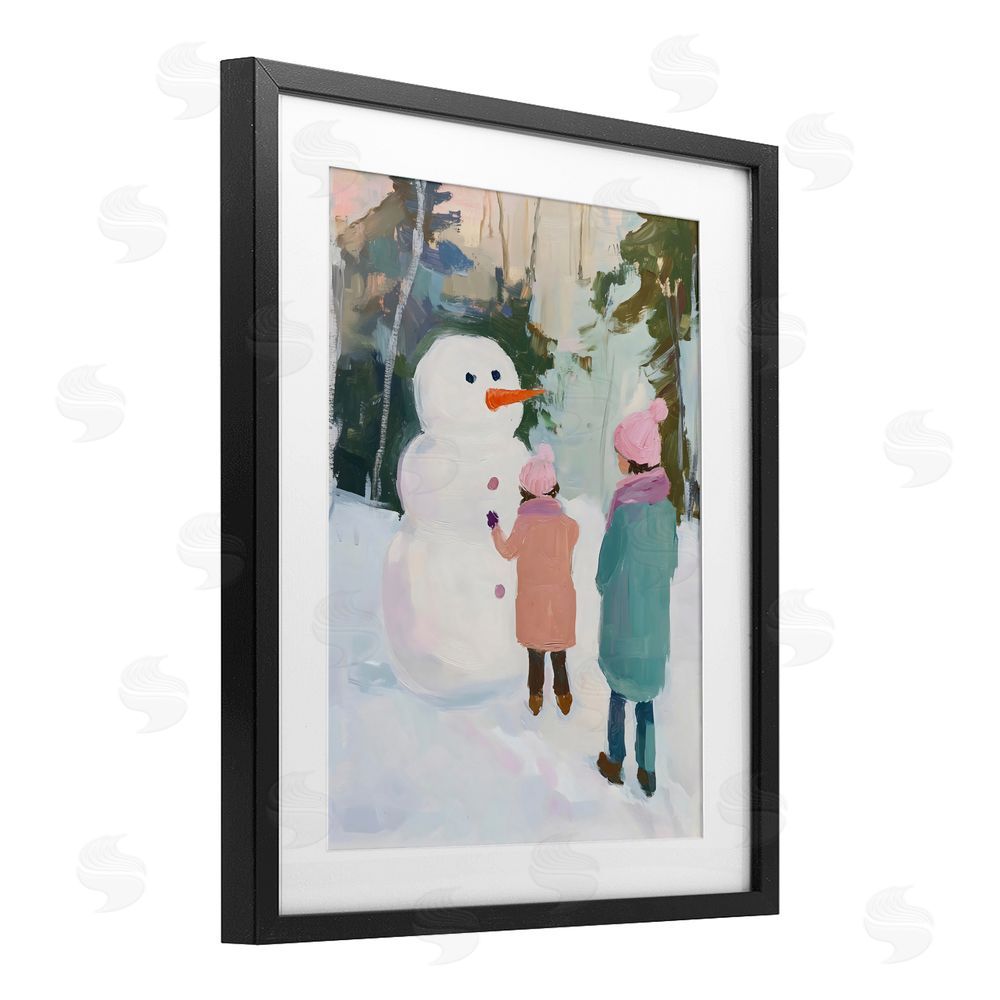 The Prints Vibe Two Girls With Snowman Black Framed Print Under Glass with White Mat Wall Art