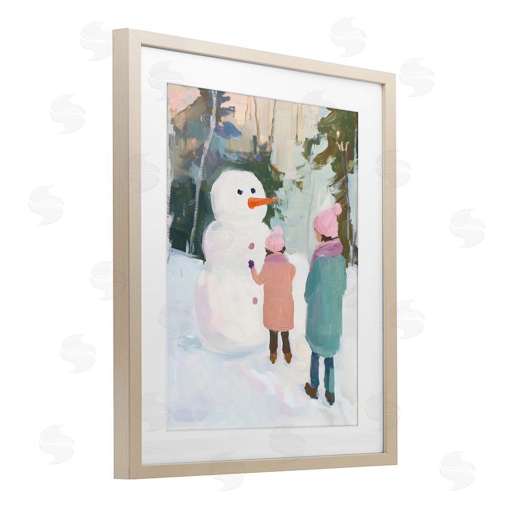 The Prints Vibe Two Girls With Snowman Brown Framed Print Under Glass with White Mat Wall Art