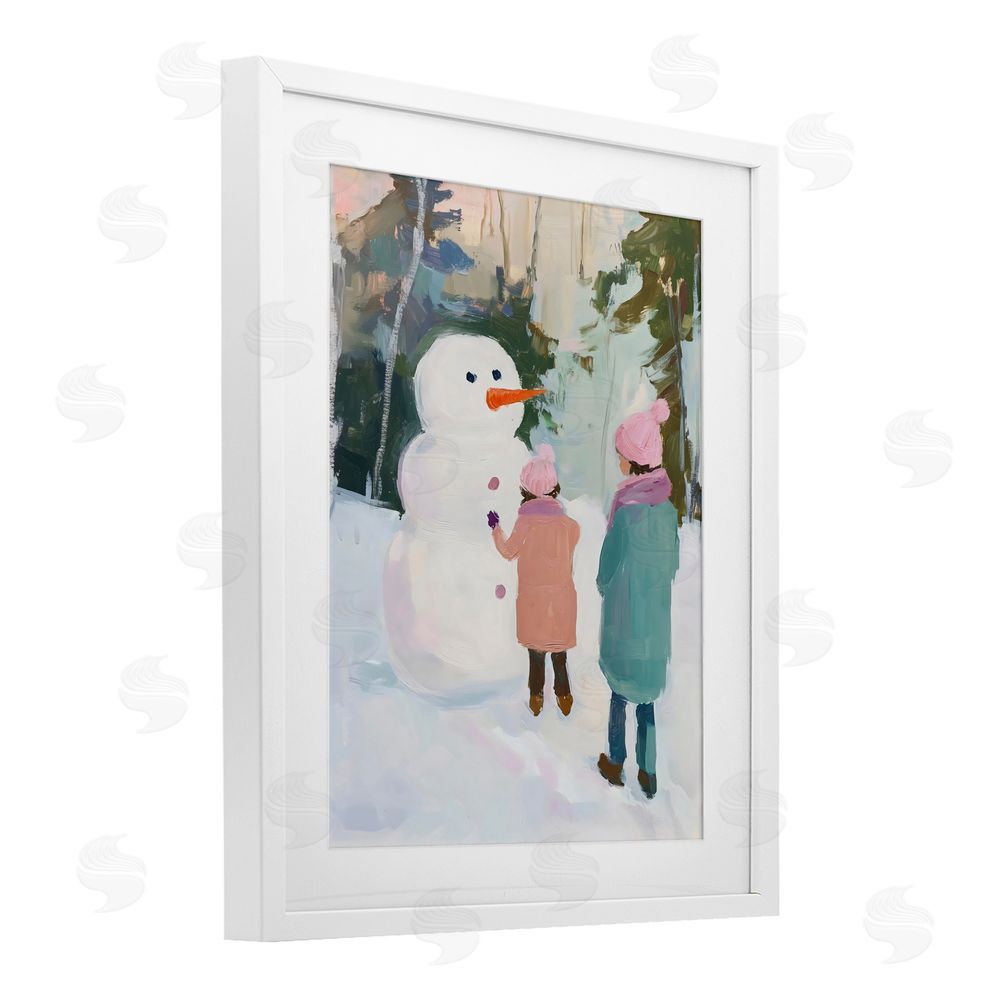 The Prints Vibe Two Girls With Snowman White Framed Print Under Glass with White Mat Wall Art