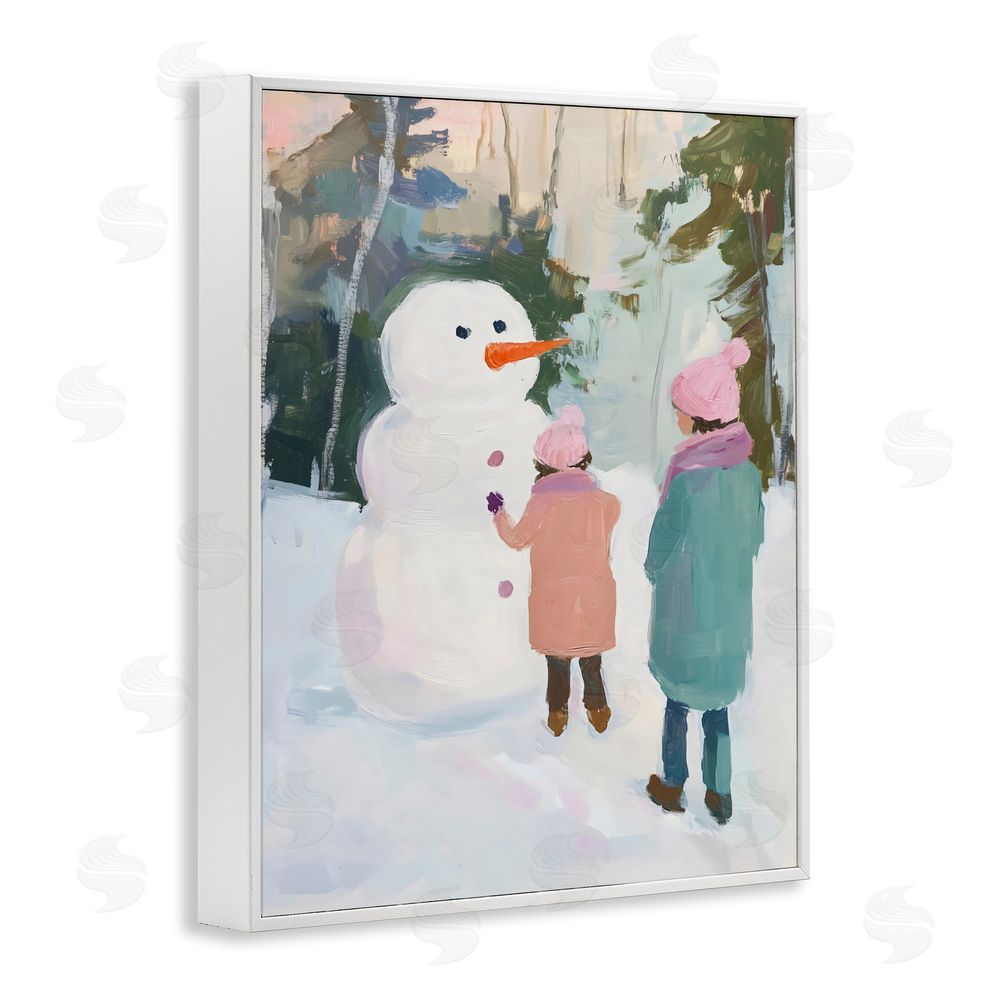 The Prints Vibe Two Girls With Snowman White Framed Giclee Wall Art Print