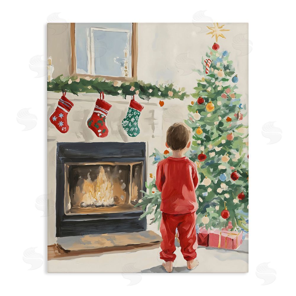 The Prints Vibe Child on Christmas Morning Stretched Canvas Wall Art Print