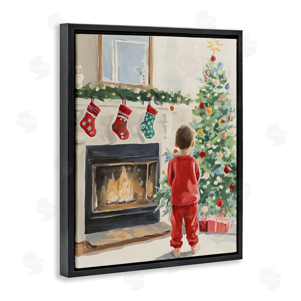 The Prints Vibe Child on Christmas Morning Black Floating Frame Canvas Wall Art Print