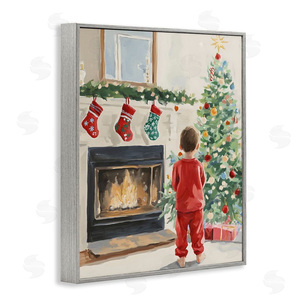 The Prints Vibe Child on Christmas Morning Gray Framed Giclee Wall Art Print