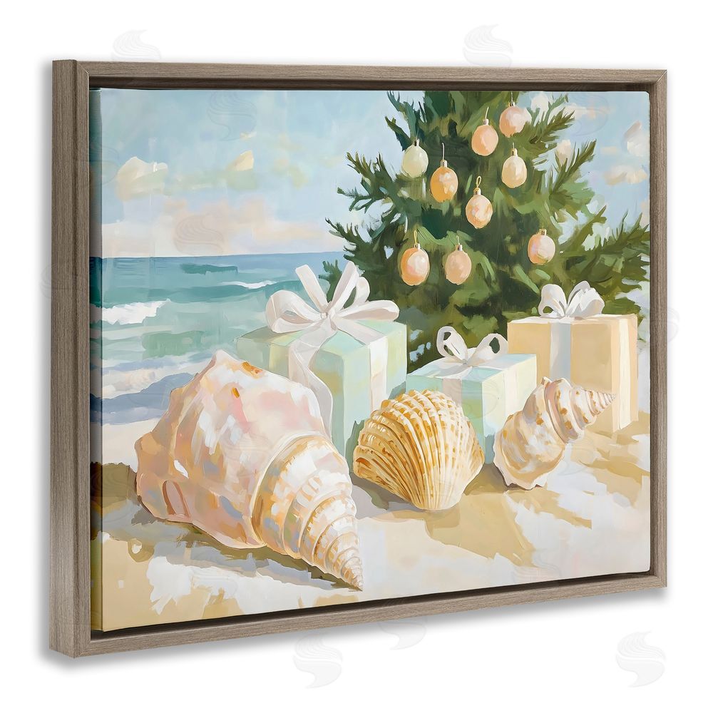 The Prints Vibe Coastal Seashell Christmas Brown Floating Frame Canvas Wall Art Print