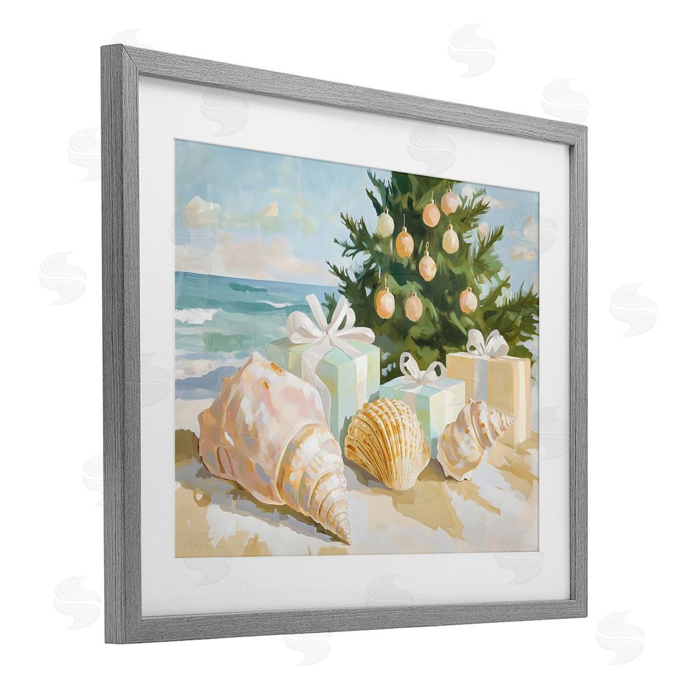 The Prints Vibe Coastal Seashell Christmas Gray Framed Print Under Glass Wall Art