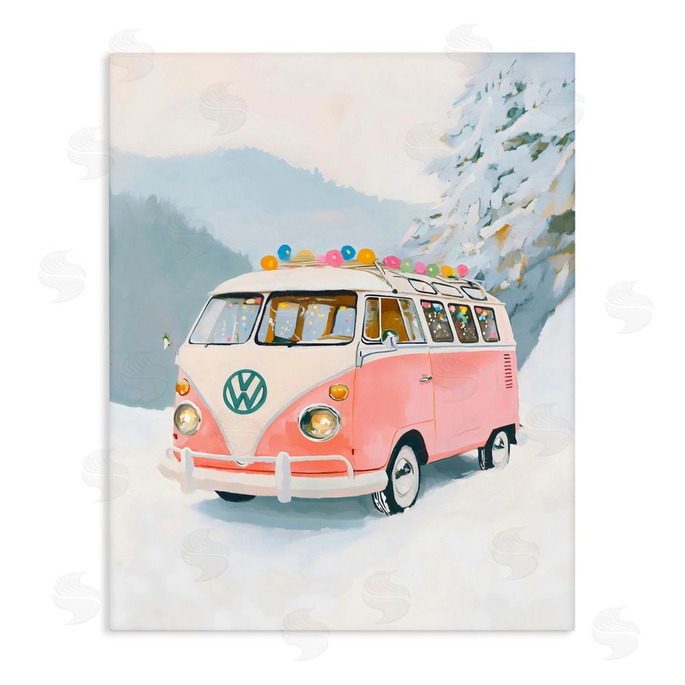 The Prints Vibe Pink Christmas Van in Snow Stretched Canvas Wall Art