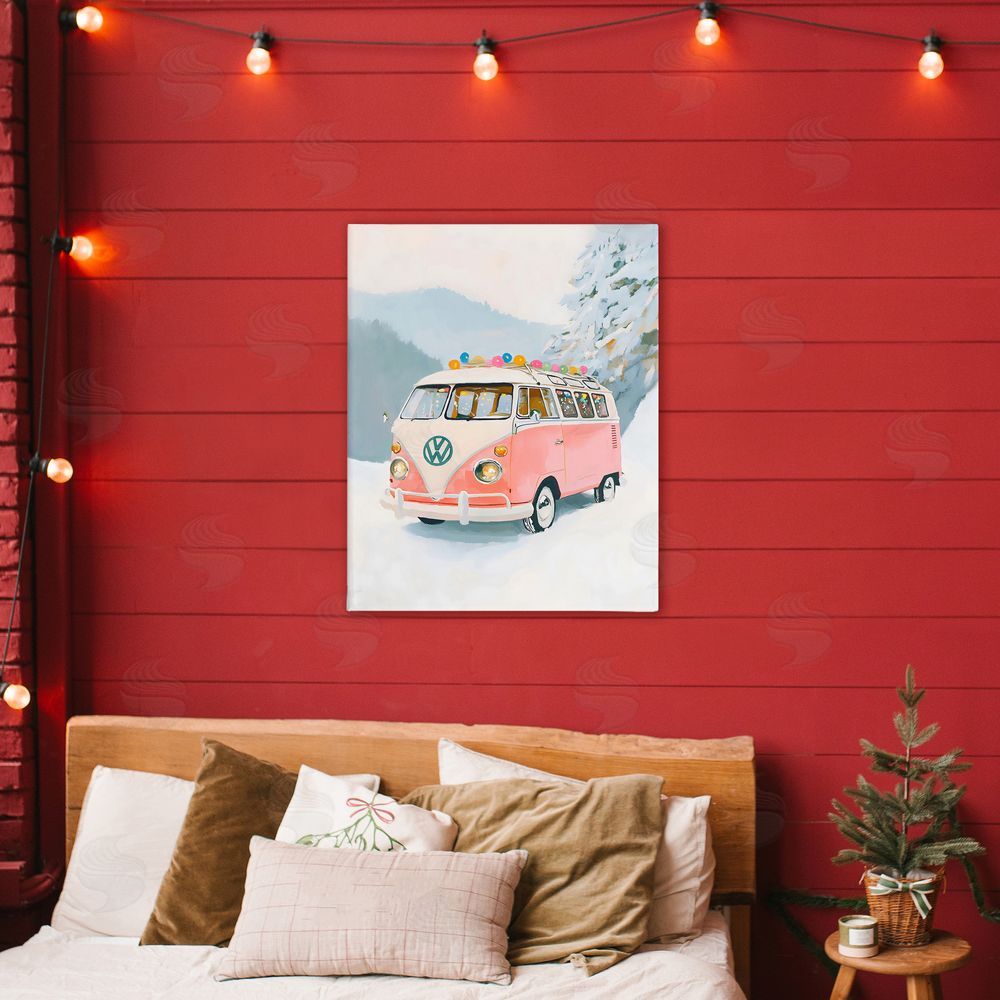 The Prints Vibe Pink Christmas Van in Snow Stretched Canvas Wall Art in Room