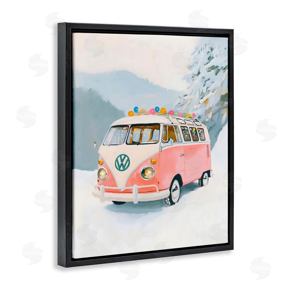 The Prints Vibe Pink Christmas Van in Snow Black Floating Framed Canvas Wall Art